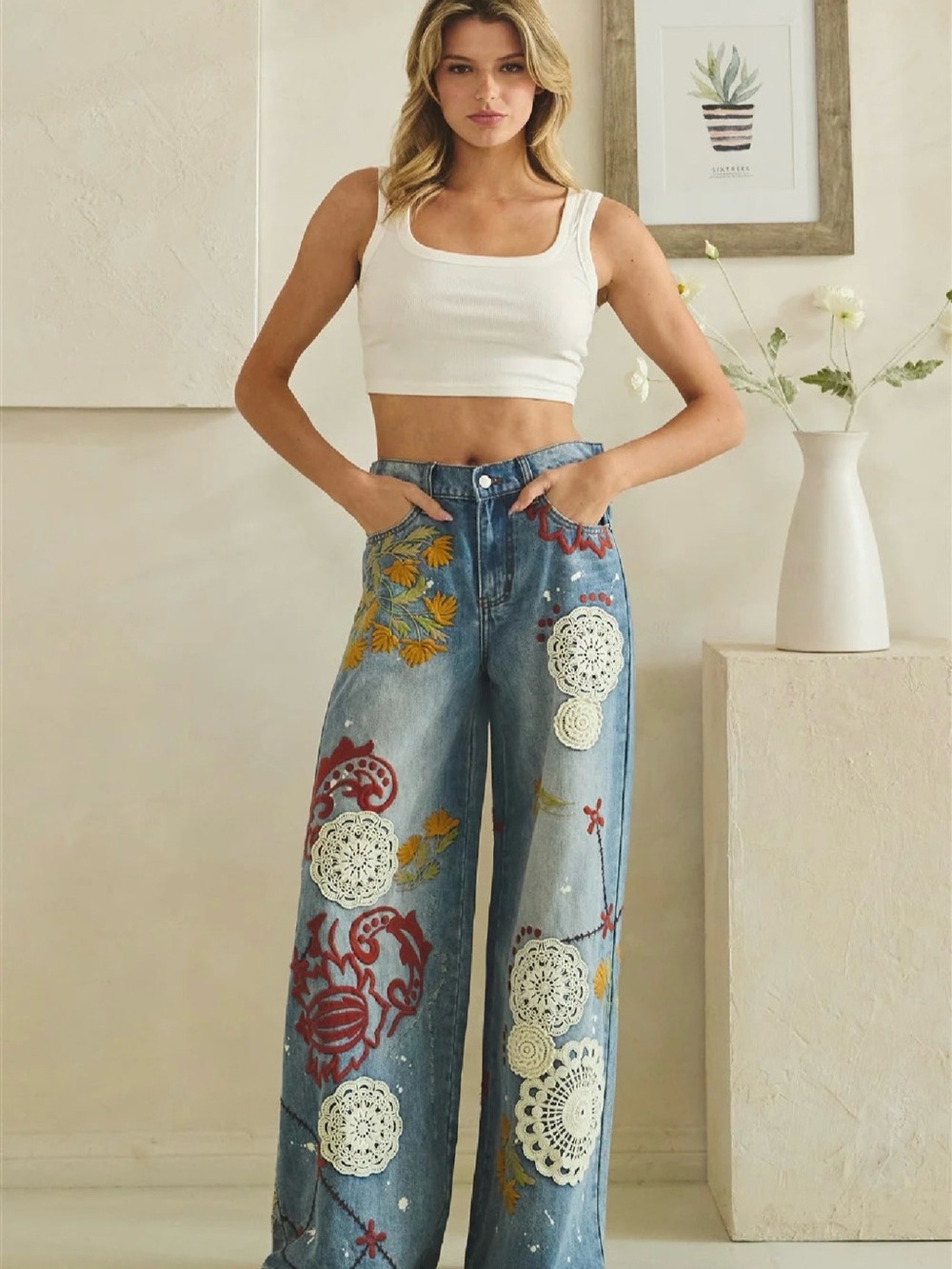 Washed Embroidery Wide Leg Denim Jeans